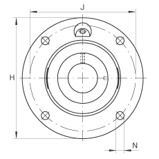 軸承座單元 RME120, 帶四個螺栓孔的法蘭的軸承座單元，定心凸出物，鑄鐵，偏心鎖圈，R 型密封
